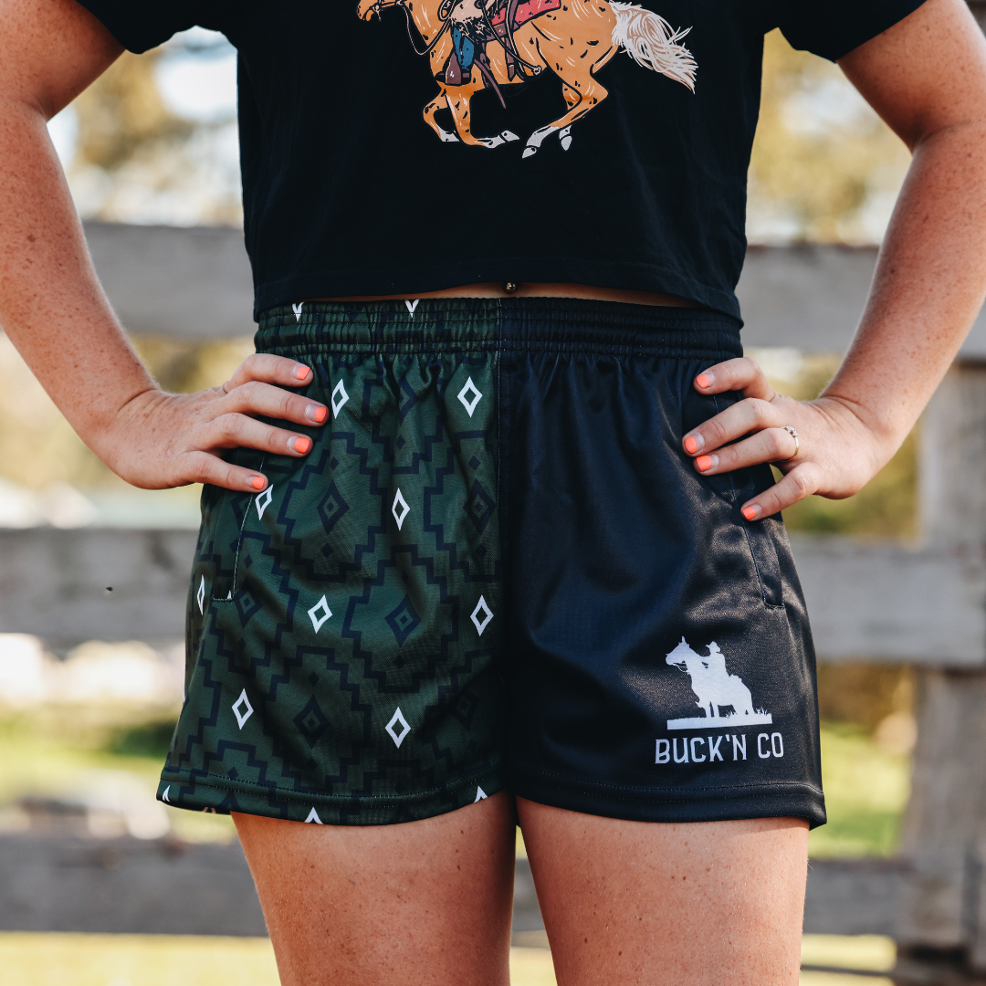 Footy Shorts - Olive Green Aztec