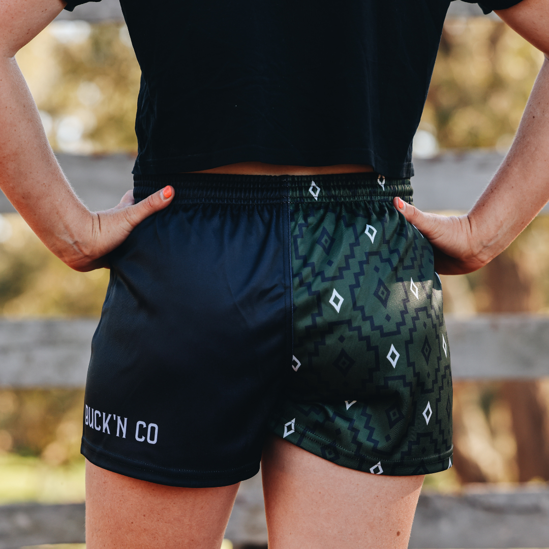 Footy Shorts - Olive Green Aztec