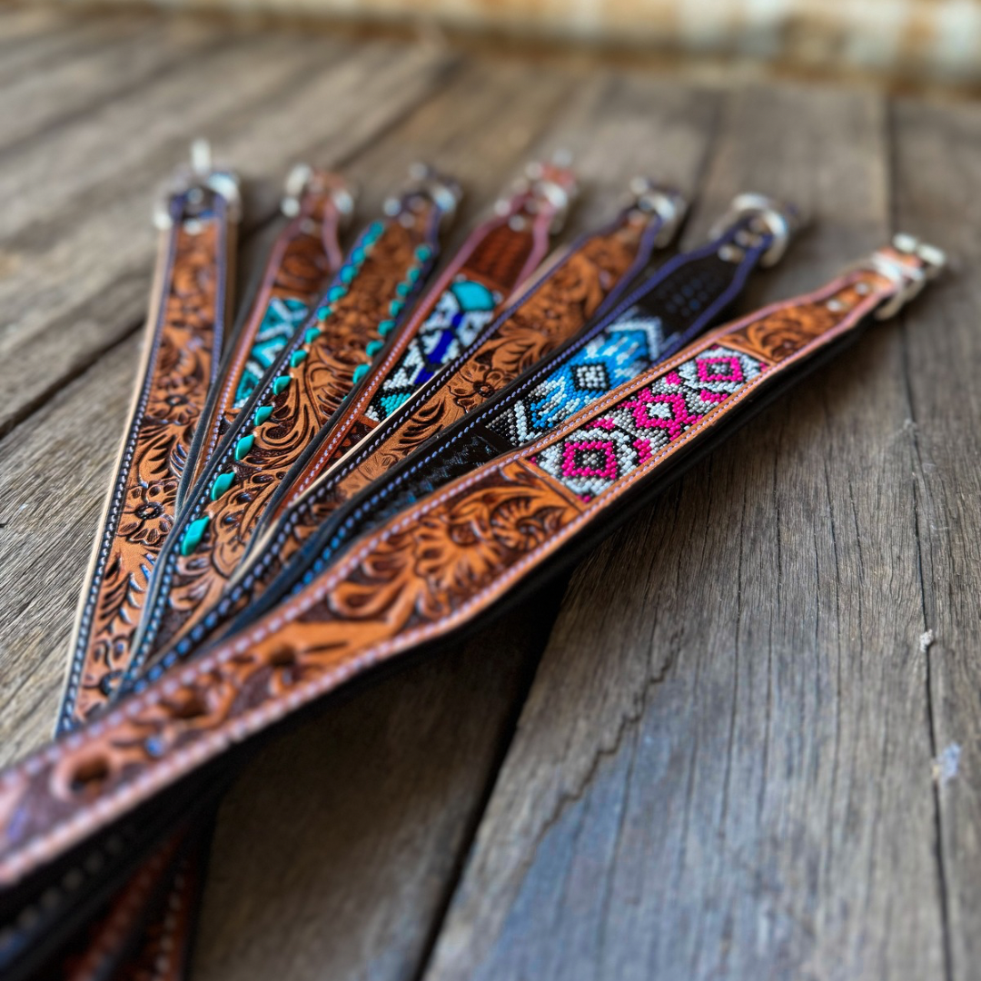 Tooled Leather Dog Collar - Thin Floral