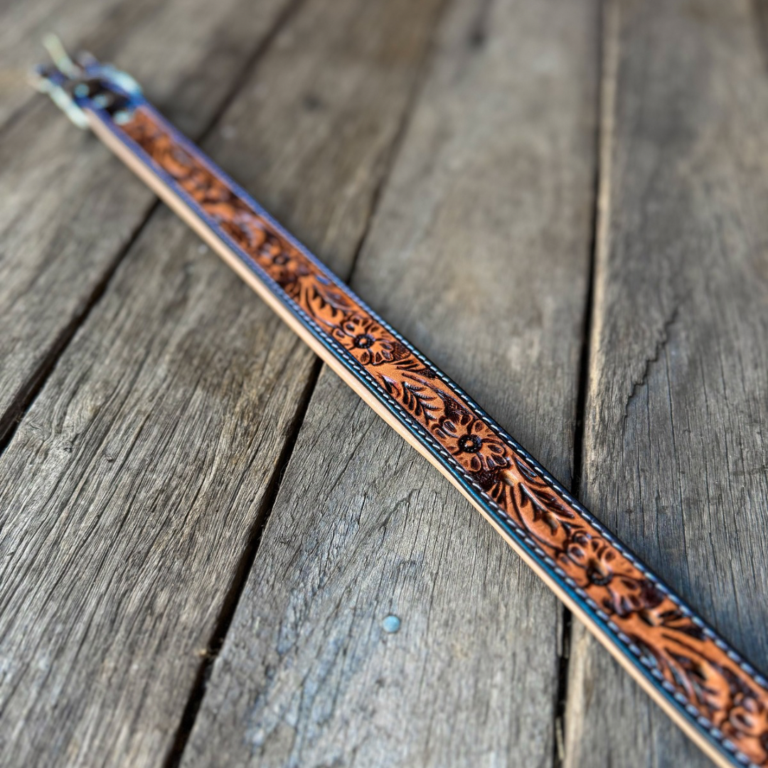 Tooled Leather Dog Collar - Thin Floral