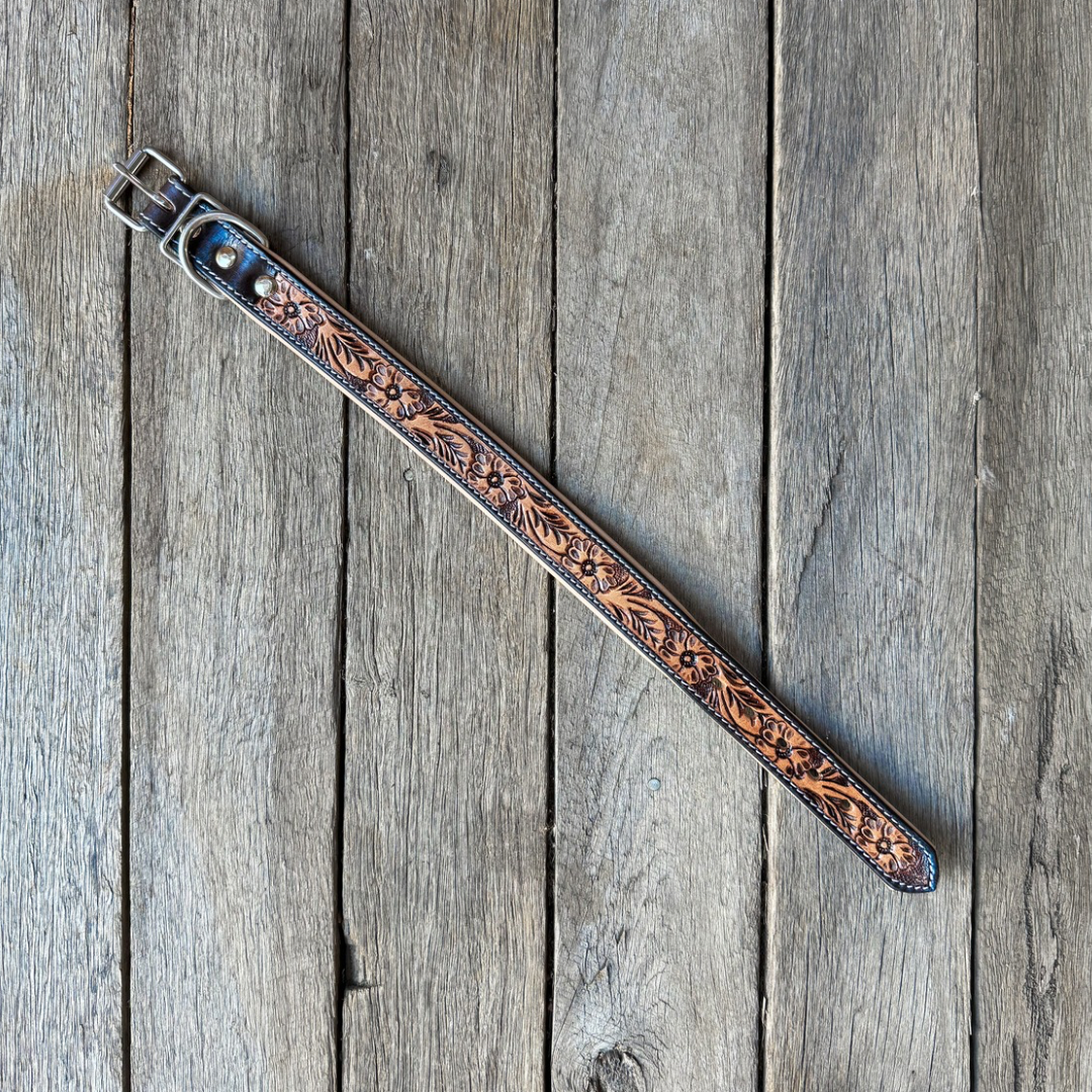 Tooled Leather Dog Collar - Thin Floral