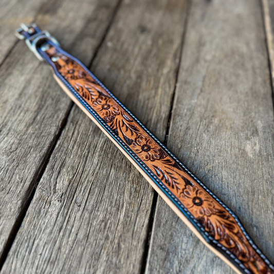 Tooled Leather Dog Collar - Floral