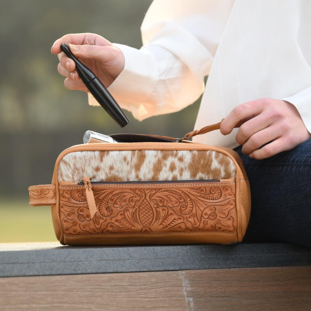 Tooled Leather and Cowhide Toiletry Bag